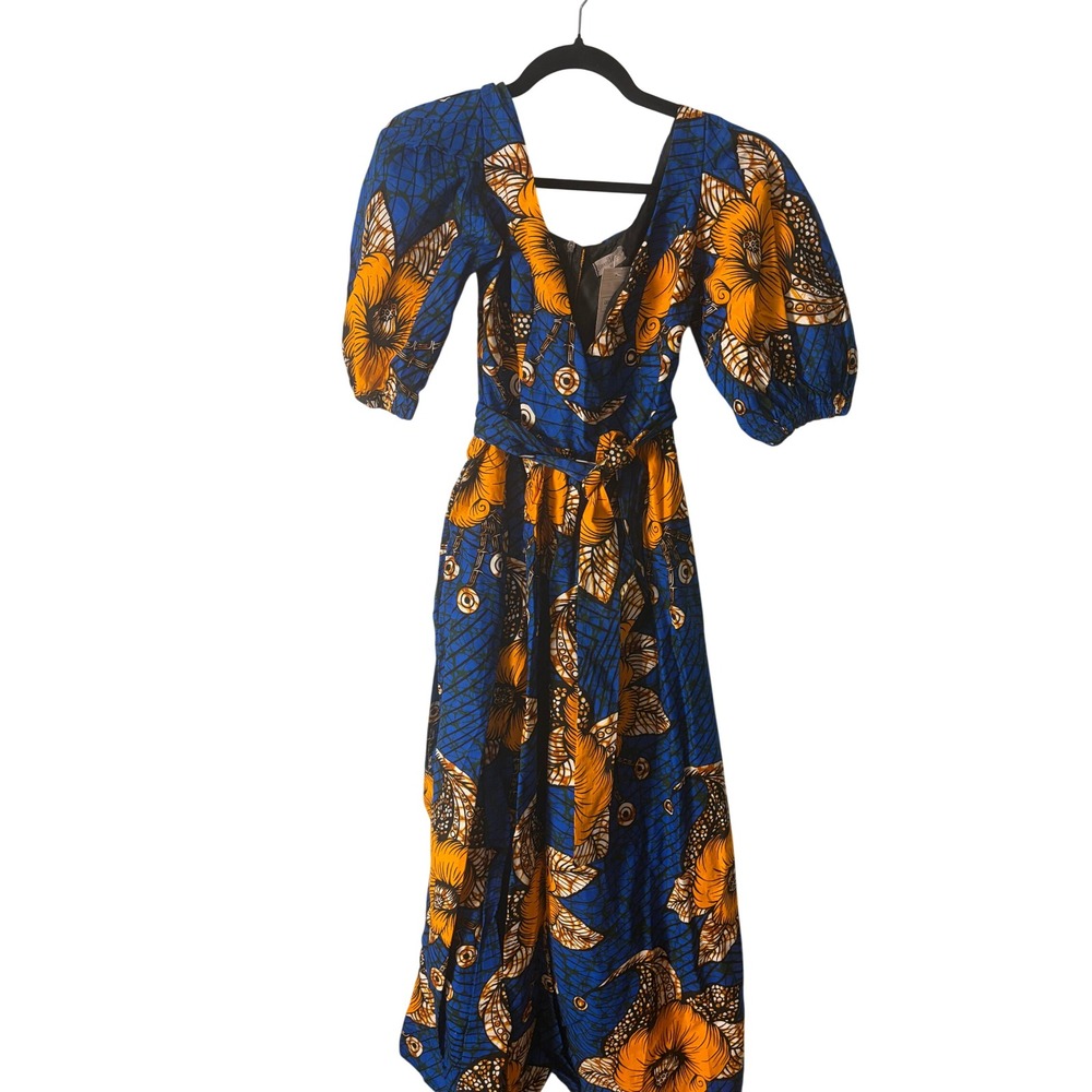 Grass-Fields African Wax Print Maxi Dress Blue Yellow Puff Sleeve Side Slit 10